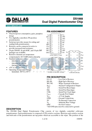 DS1868 datasheet - Dual Digital Potentiometer Chip