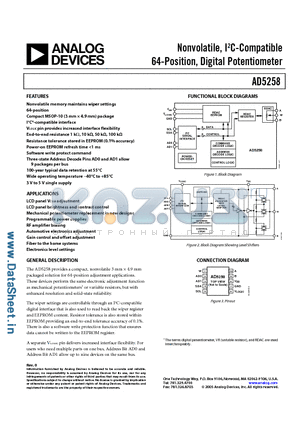 AD5258BRMZ501 datasheet - Nonvolatile, I2C-Compatible 64-Position, Digital Potentiometer