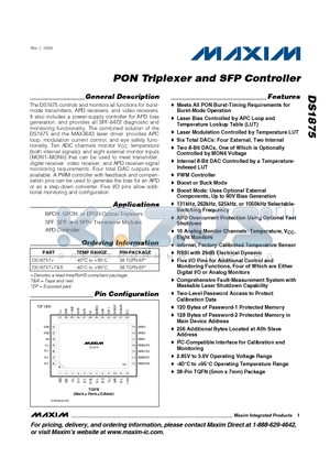 DS1875T+ datasheet - PON Triplexer and SFP Controller