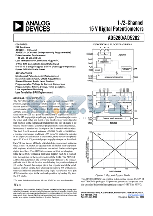 AD5262BRU50 datasheet - 1-/2-Channel 15 V Digital Potentiometers