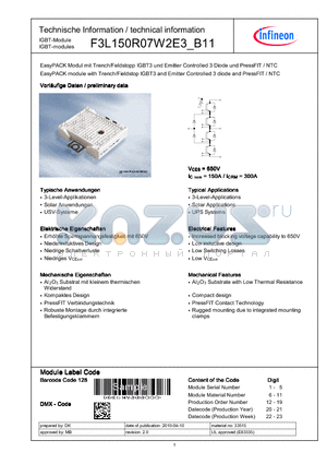 F3L150R07W2E3_B11 datasheet - EasyPACK module with Trench/Fieldstopp IGBT3 and Emitter Controlled 3 diode and PressFIT / NTC