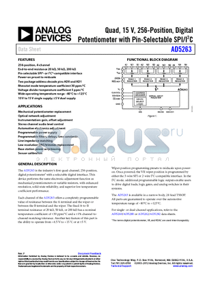 AD5263BRU50-REEL7 datasheet - Quad, 15 V, 256-Position, Digital Potentiometer with Pin-Selectable SPI/I2C