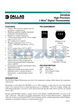 DS18S20Z datasheet - High Precision 1-Wire Digital Thermometer