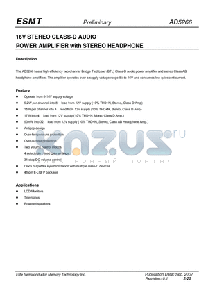 AD5266 datasheet - 16V STEREO CLASS-D AUDIO POWER AMPLIFIER with STEREO HEADPHONE