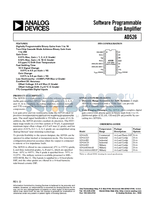 AD526BD datasheet - Software Programmable Gain Amplifier