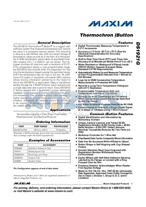 DS1921G datasheet - Logs Up to 2048 Consecutive Temperature Thermochron iButton