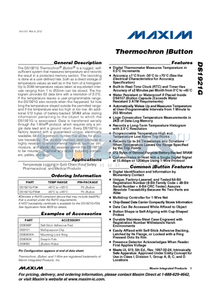 DS1921G datasheet - Thermochron iButton