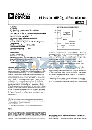 AD5273BRJ1-R2 datasheet - 64-Position OTP Digital Potentiometer