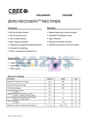 CSD01060A datasheet - ZERO RECOVERY RECTIFIER