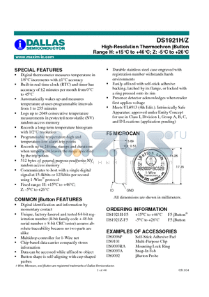 DS1921H-F5 datasheet - High-Resolution Thermochron iButton
