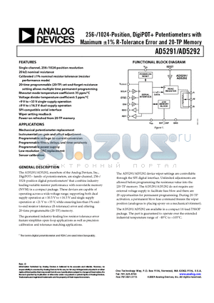 AD5291 datasheet - 256-/1024-Position, DigiPOT Potentiometers with Maximum a1% R-Tolerance Error and 20-TP Memory