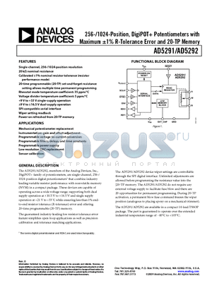 AD5291BRUZ-20-RL7 datasheet - 256-/1024-Position, DigiPOT Potentiometers with Maximum a1% R-Tolerance Error and 20-TP Memory