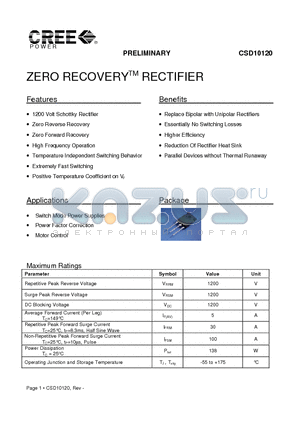 CSD10120D datasheet - ZERO RECOVERY RECTIFIER