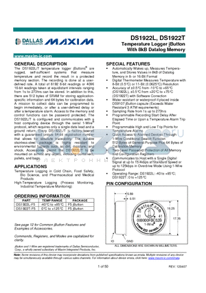 DS1922L-F5 datasheet - Temperature Logger iButton With 8kB Datalog Memory