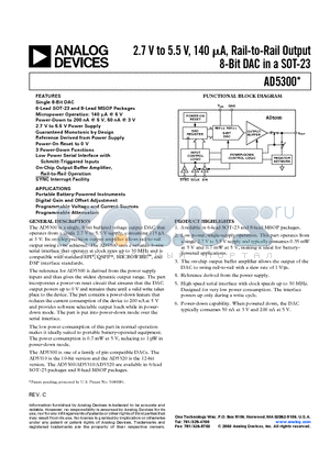 AD5300BRT-500RL7 datasheet - 2.7 V to 5.5 V, 140 uA, Rail-to-Rail Output 8-Bit DAC in an SOT-23