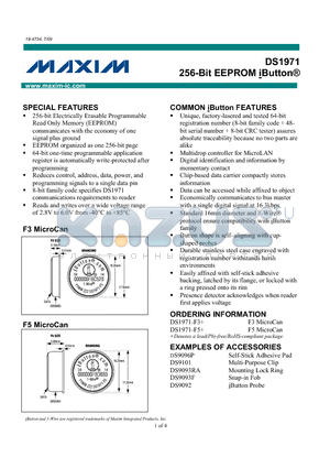 DS1971-F5+ datasheet - 256-Bit EEPROM iButton^