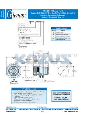 185-001NF08-13-4NM datasheet - Expanded Beam Fiber Optic Threaded Coupling Jam Nut Receptacle Connector