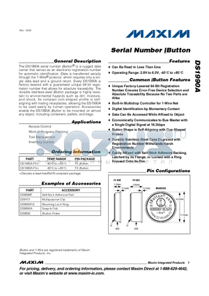 DS1990A-F3+ datasheet - Serial Number iButton