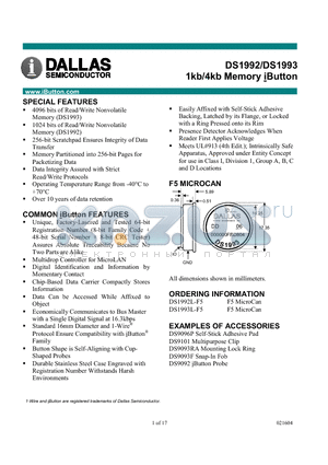 DS1992 datasheet - 1kbit/4kbit Memory iButtonTM DS1994 4-kbit Plus Time Memory iButtonTM