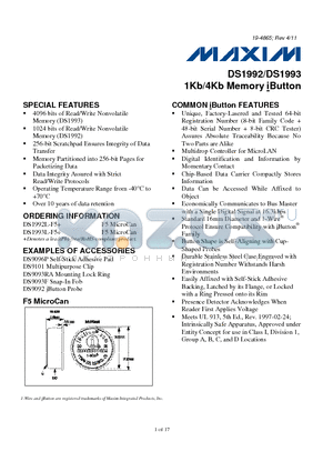 DS1992L-F5+ datasheet - 1Kb/4Kb Memory iButton 1024 bits of Read/Write Nonvolatile