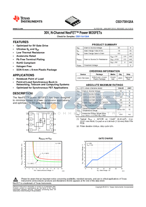 CSD17301Q5A_101 datasheet - 30V, N-Channel NexFET Power MOSFETs