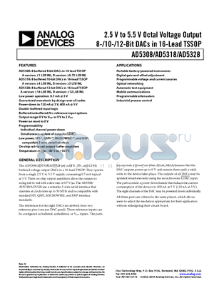 AD5308 datasheet - 2.5 V to 5.5 V Octal Voltage Output 8-/10-/12-Bit DACs in 16-Lead TSSOP