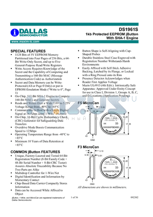 DS1961S-F3 datasheet - 1kb Protected EEPROM iButton With SHA-1 Engine