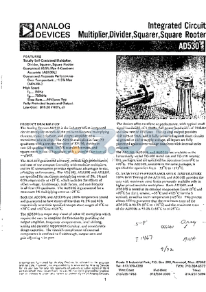 AD530H datasheet - Integtated Circuit Multiplier,Divider,Squarer,Square Rooster