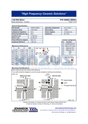 1850BL15B050E datasheet - High Frequency Ceramic Solutions