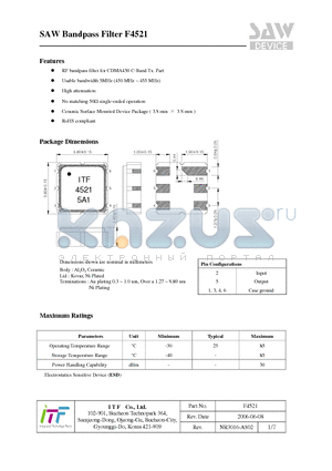 F4521 datasheet - SAW Bandpass Filter