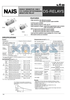 DS1E-M-DC9V datasheet - HIGHLY SENSITIVE 1500 V FCC SURGE WITHSTANDING MINIATURE RELAY