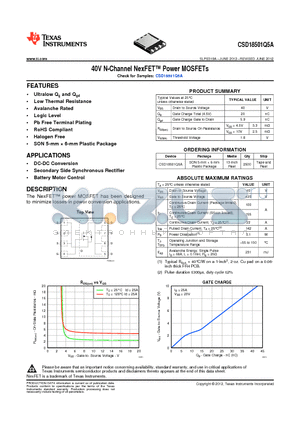 CSD18501Q5A datasheet - 40V N-Channel NexFET Power MOSFETs