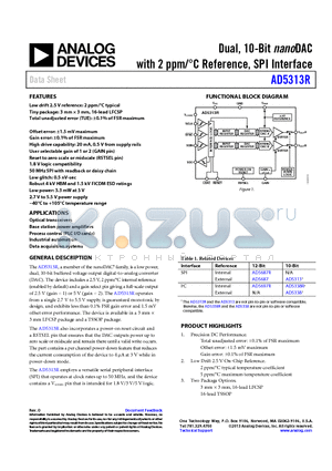 AD5313RBCPZ-RL7 datasheet - Dual, 10-Bit nanoDAC with 2 ppm/C Reference, SPI Interface