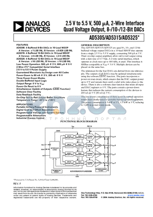 AD5315ARM-REEL7 datasheet - 2.5 V to 5.5 V, 500 uA, 2-Wire Interface Quad Voltage Output, 8-/10-/12-Bit DACs