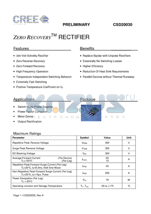 CSD20030 datasheet - ZERO RECOVERY RECTIFIER