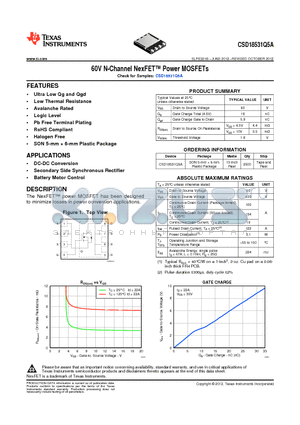 CSD18531Q5A_12 datasheet - The NexFET power MOSFET has been designed to minimize losses in power conversion applications.