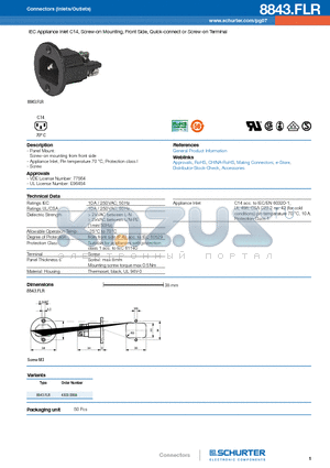8843.FLR datasheet - IEC Appliance Inlet C14, Screw-on Mounting, Front Side, Quick-connect or Screw-on Terminal