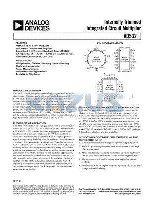 AD532JCHIP datasheet - Internally Trimmed Integrated Circuit Multiplier