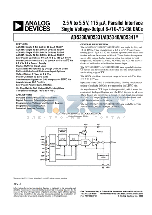 AD5336 datasheet - 2.5 V to 5.5 V, 115 uA, Parallel Interface Single Voltage-Output 8-/10-/12-Bit DACs