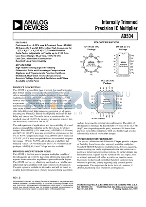 AD534 datasheet - Internally Trimmed Precision IC Multiplier