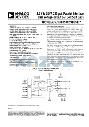 AD5343 datasheet - 2.5 V to 5.5 V, 230uA, Parallel Interface Dual Voltage-Output 8-/10-/12-Bit DACs