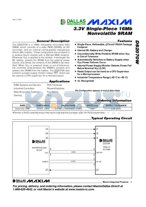 DS2070W datasheet - 3.3V Single-Piece 16Mb Nonvolatile SRAM