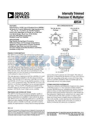 AD534LH datasheet - Internally Trimmed Precision IC Multiplier