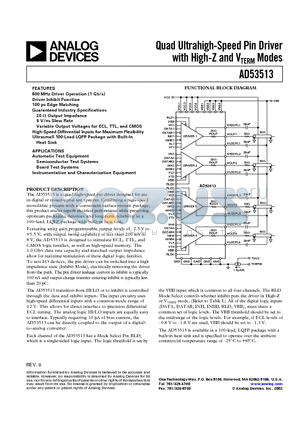 AD53513 datasheet - Quad Ultrahigh-Speed Pin Driver with High-Z and VTERM Modes