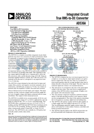 AD536AKQ datasheet - Integrated Circuit True RMS-to-DC Converter