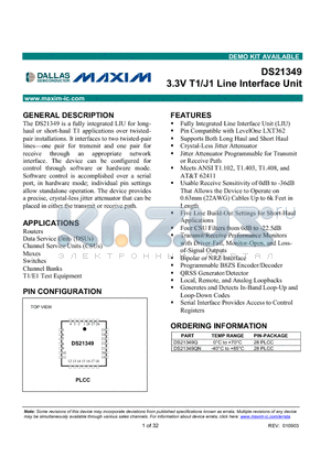 DS21349 datasheet - 3.3V T1/J1 Line Interface Unit