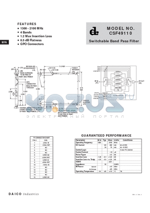 CSF49110 datasheet - Switchable Band Pass Filter