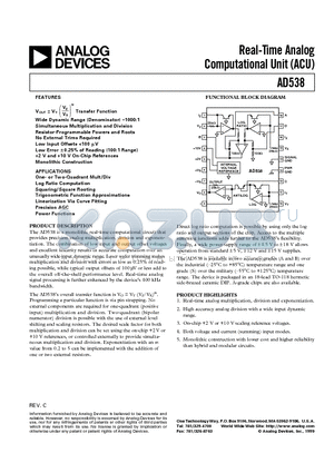 AD538 datasheet - Real-Time Analog Computational Unit ACU