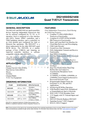 DS21458 datasheet - Quad T1/E1/J1 Transceivers
