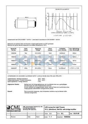 1858035X datasheet - LED Lamps for Light Towers T61/3 (20x45mm)BA15d with bridge rectifier